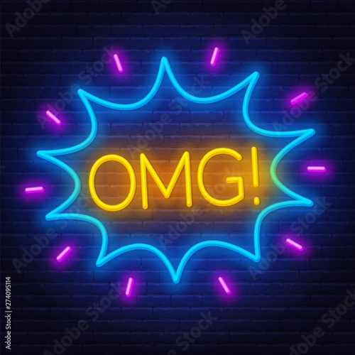 Neon sign omg in frame on dark background. Light banner on the wall background.