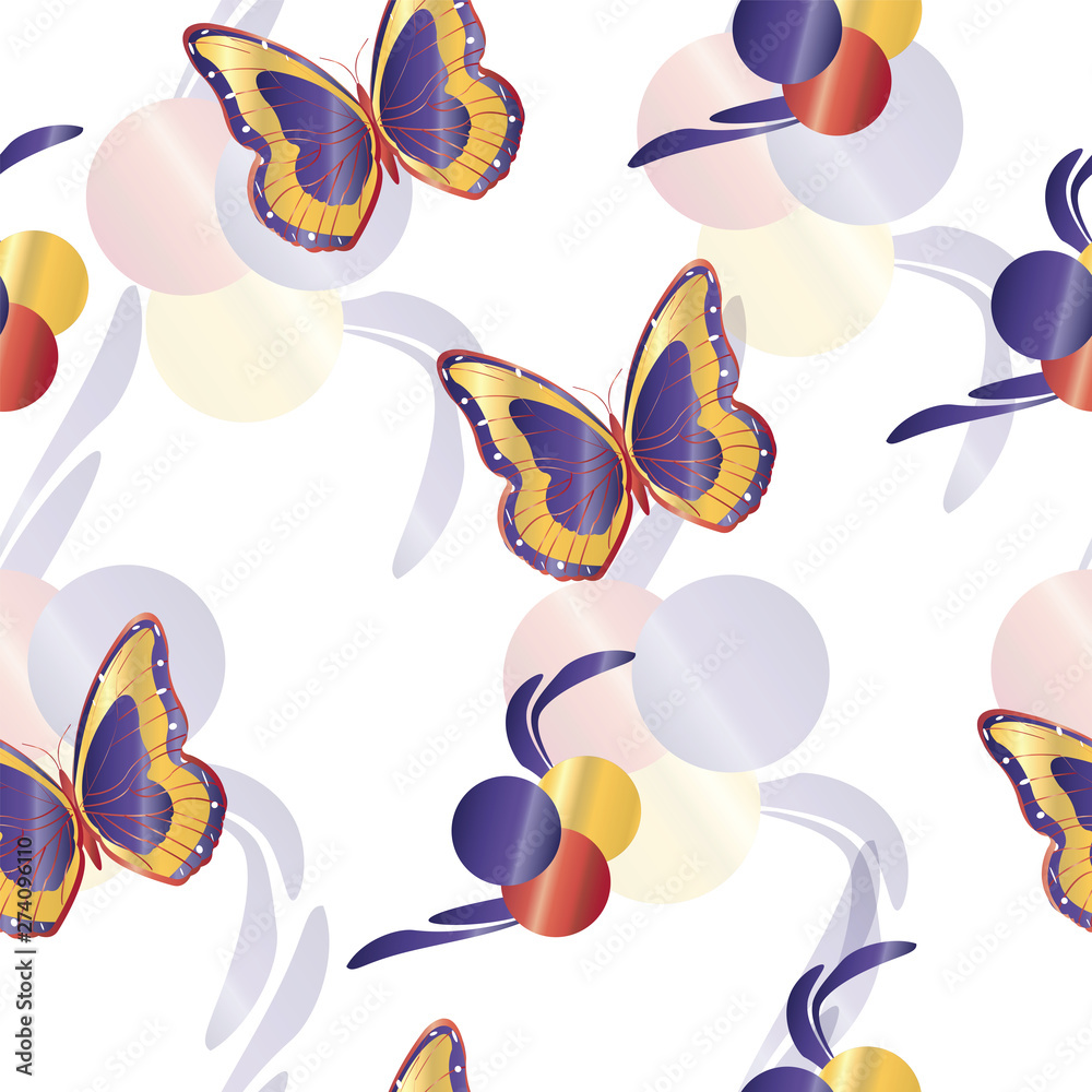 Fototapeta premium seamless pattern with butterflies in purple red and yellow colors 