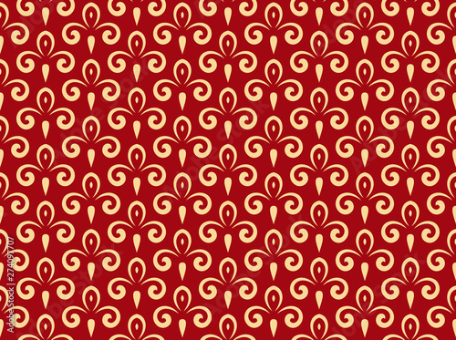 Flower geometric pattern. Seamless vector background. Gold and red ornament. Ornament for fabric, wallpaper, packaging, Decorative print