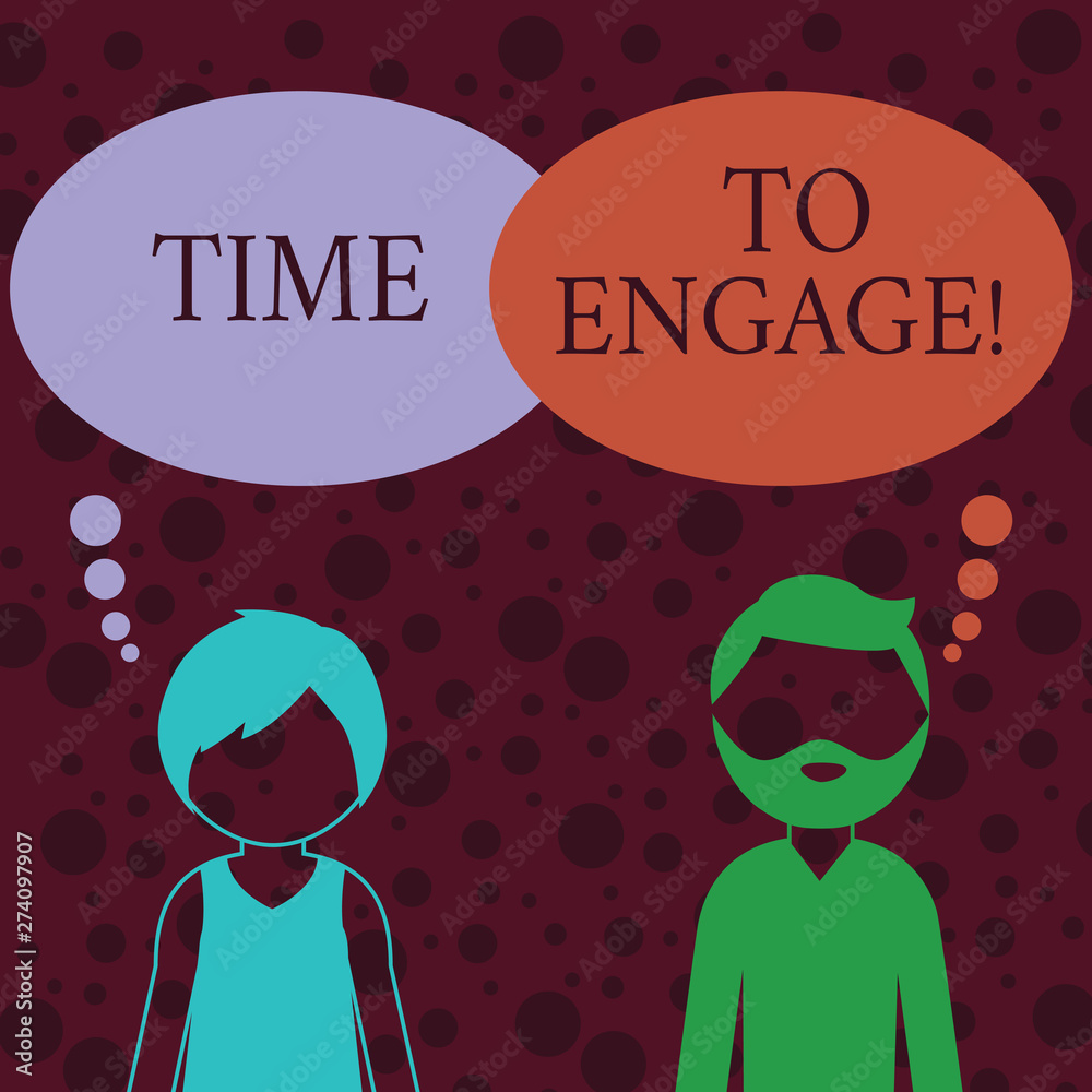 Conceptual hand writing showing Time To Engage. Concept meaning tutor who is fully occupied or having your full attention Bearded Man and Woman with the Blank Colorful Thought Bubble Conceptual hand writing showing Time To Engage. Concept meaning tutor who is fully occupied or having your full attention Bearded Man and Woman with the Blank Colorful Thought Bubble