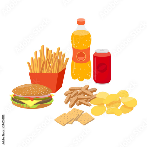 Fast food, junk food set in flat design, vector illustrations isolated on white background.