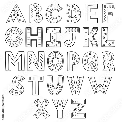 Black and white alphabet. Hand drawn outline ABC
