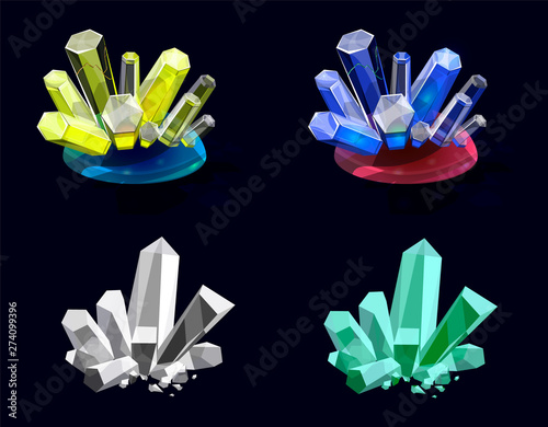 Set of isolated crystals, casual realistic icons for game. Gem stones with transparent outgrowths, rock crystal, isolated graphic elements photo