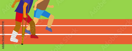 2 Men in race track one is disable man with splint and crutch, one is normal runner