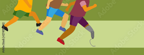 3 Men in race track one is disable man with Prostheses, two is normal runner