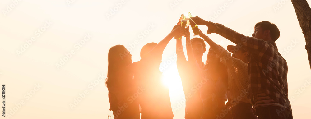 Six young entrepreneur gathering together toast for success in business start up, group party at dusk, cropped dimension for banner - obrazy, fototapety, plakaty 