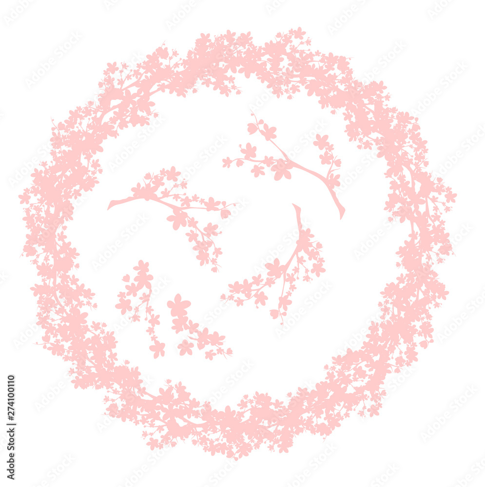 blooming cherry tree branches covered with flowers forming round blossom garland - spring season editable vector frame blooming cherry tree branches covered with flowers forming round blossom garland - spring season editable vector frame
