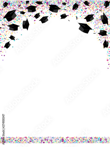 Graduate caps on bright multi colored confetti background. Graduate ceremony horizontal banner or card. Vector