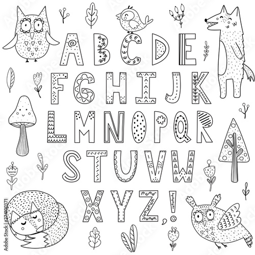 Black and white alphabet with forest animals. Great for coloring page, posters and children design