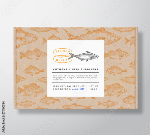 Fish Pattern Realistic Cardboard Box with Banner. Abstract Vector Packaging Design or Label. Modern Typography, Hand Drawn Pangasius or Basa Silhouette. Craft Paper Background Layout.