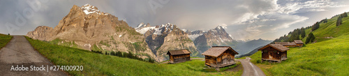 Swiss beauty, chalets on meadows in Grindelwald,Bernese Oberland,Switzerland,Europe