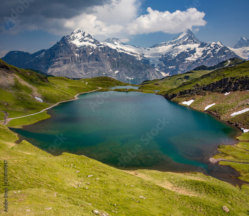 Swiss beauty, Schreckhorn and Wetterhorn  above Bachalpsee lake, Bernese Oberland, Switzerland, Europe photo