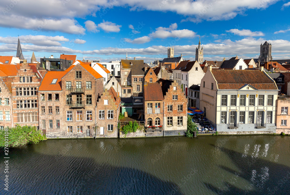 Ghent. Old houses on the city waterfront in the historic part of the city.