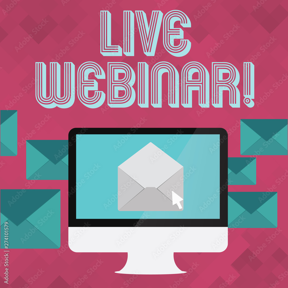 Naklejka premium Writing note showing Live Webinar. Business concept for presentation lecture or seminar transmitted over Websites Open Envelope inside Computer Letter Casing Surrounds the PC