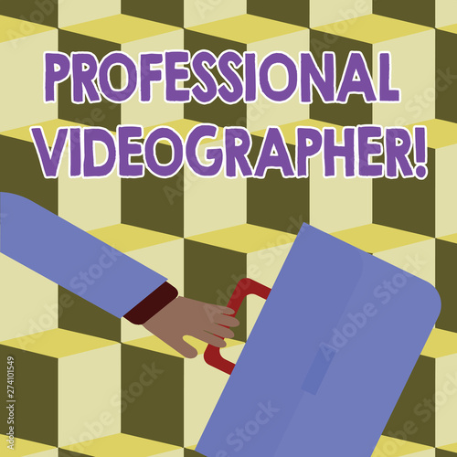 Conceptual hand writing showing Professional Videographer. Concept meaning demonstrating who makes video films as paid job Rushing Businessman Swayed Back and Holding Briefcase photo