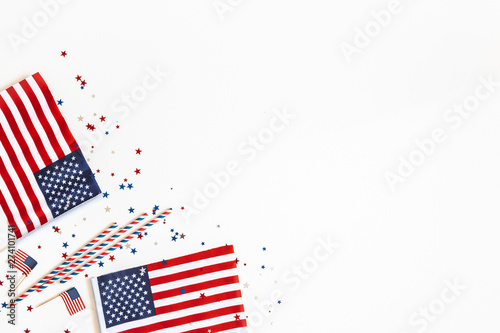 4th of July American Independence Day decorations on white background. Flat lay, top view, copy space photo