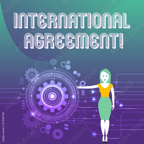 Word writing text International Agreement. Business photo showcasing document signed by countries want make new rules Woman Standing and Presenting the SEO Process with Cog Wheel Gear inside