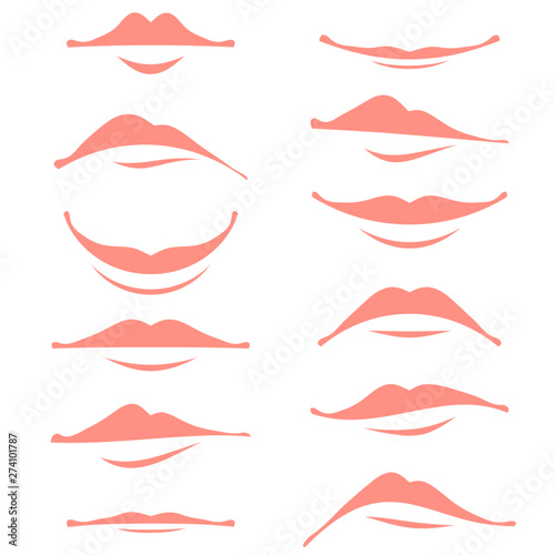 Cartoon Smile Logo Isolated on White Background. Set of Pink Female Mouth. Lips Collection. Different Facial Expression. Human Sense for Taste. Dentalcare Illustration for Logo