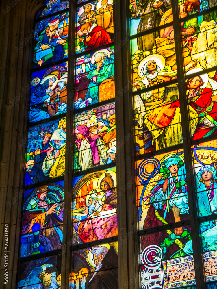Stained Glass Windows in the Cathedral in Prague in the Czech Republic Stained Glass Windows in the Cathedral in Prague in the Czech Republic