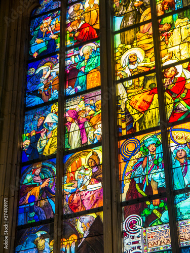 Stained Glass Windows in the Cathedral in Prague in the Czech Republic