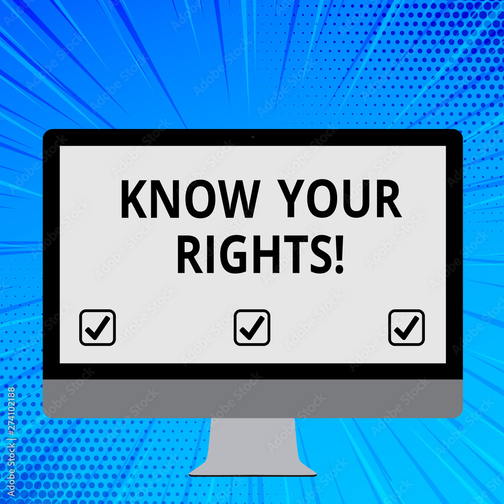 Word writing text Know Your Rights. Business photo showcasing must have knowledge about what you owe to community Blank White Computer Monitor WideScreen Mounted on a Stand for Technology Word writing text Know Your Rights. Business photo showcasing must have knowledge about what you owe to community Blank White Computer Monitor WideScreen Mounted on a Stand for Technology