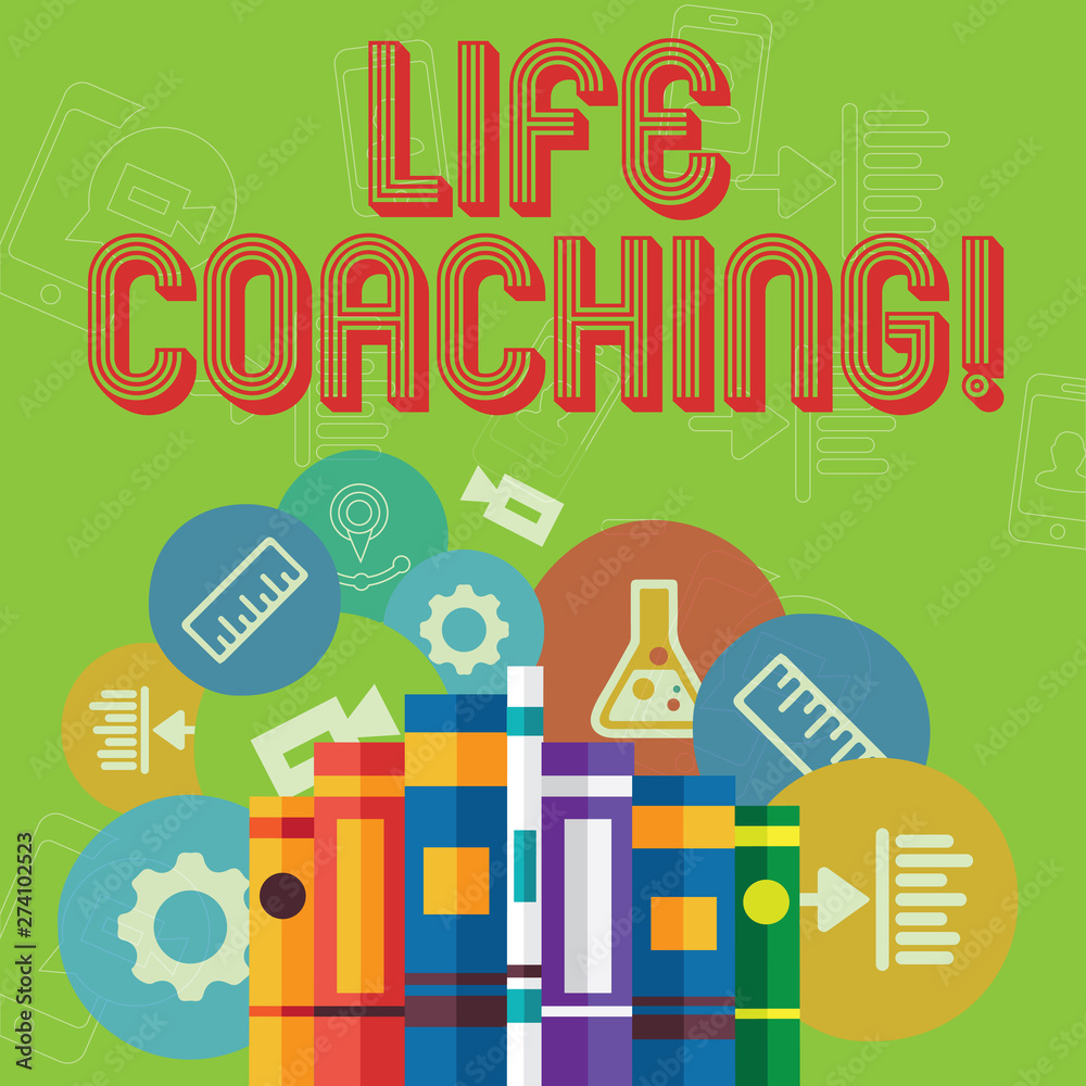 Conceptual hand writing showing Life Coaching. Concept meaning demonstrating employed to help showing attain their goals in career Books Arranged Standing in Row with Educational Icons Behind
