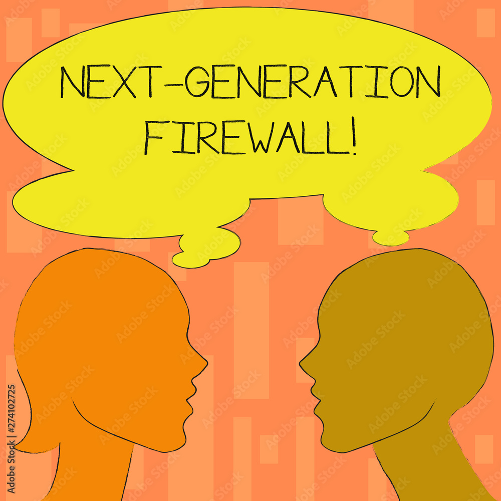 Word writing text Next Generation Firewall. Business photo showcasing combining firewall with other network filtering Silhouette Sideview Profile Image of Man and Woman with Shared Thought Bubble