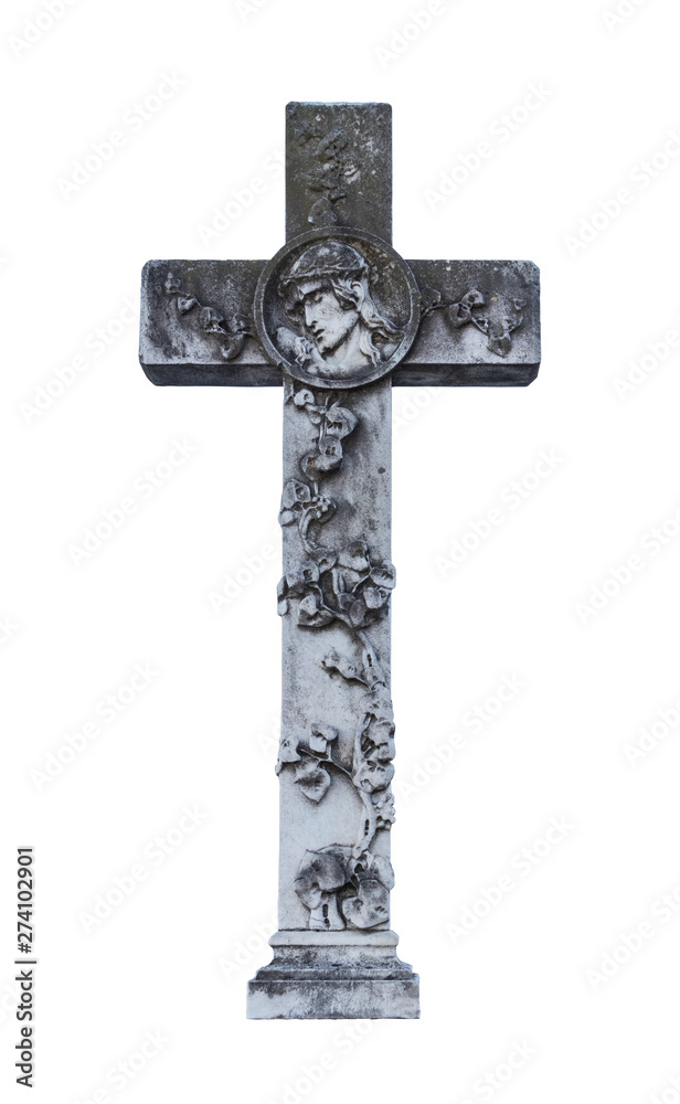 marble cross decorated with the face of Jesus - isolated on white background marble cross decorated with the face of Jesus - isolated on white background