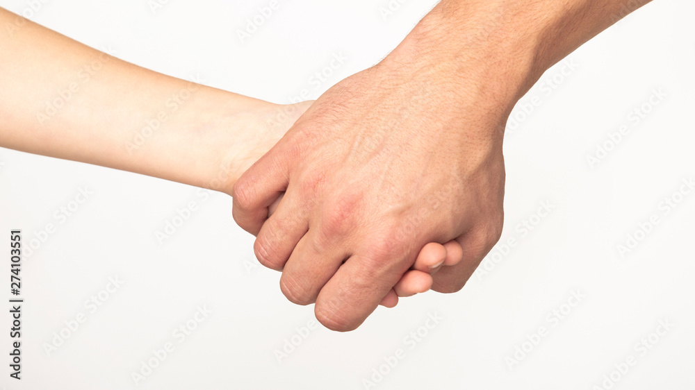 Father's hand leading his son, white background