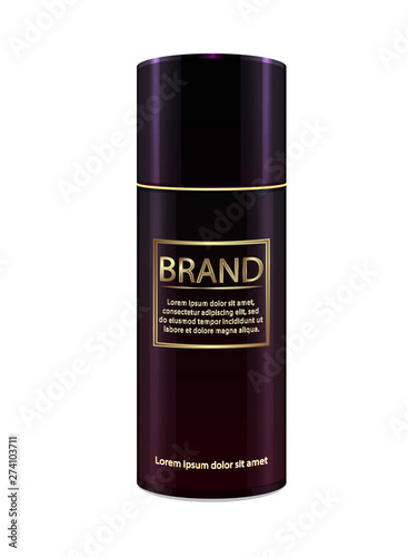 Isolated vector image of dark violet deodorant on white back, realistic design for mocup, antiperspirant in dark purple flask, golden text on glance black violaceous surface, cosmetic bottle object