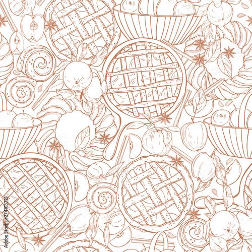 Vector seamless pattern with  apple pie. Sketch  illustration.