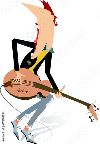 Cartoon expressive guitarist isolated illustration. Guitarist is playing music and singing with the great inspiration