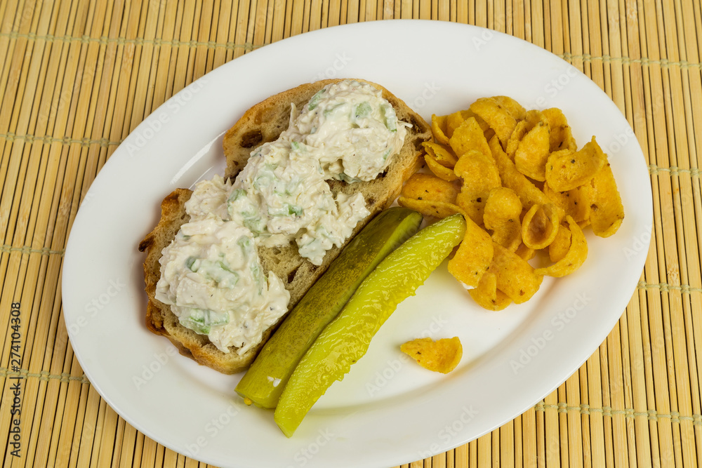 Chicken Salad on Raisin Bread with Chips and Dill Pickle Chicken Salad on Raisin Bread with Chips and Dill Pickle