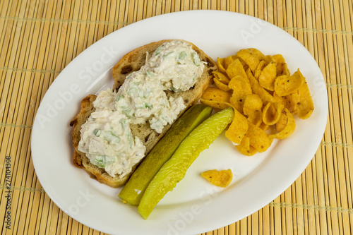 Chicken Salad on Raisin Bread with Chips and Dill Pickle