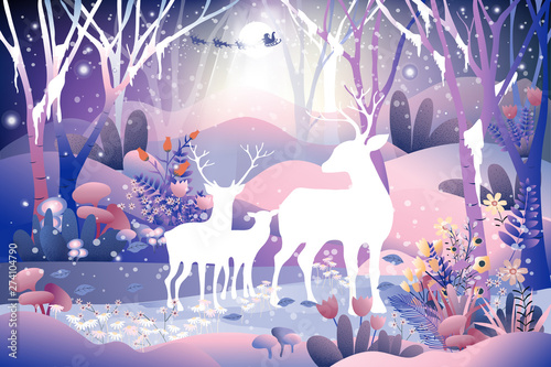 Fantasy landscape of magic forest with fairy tale  Reindeers family looking a...
