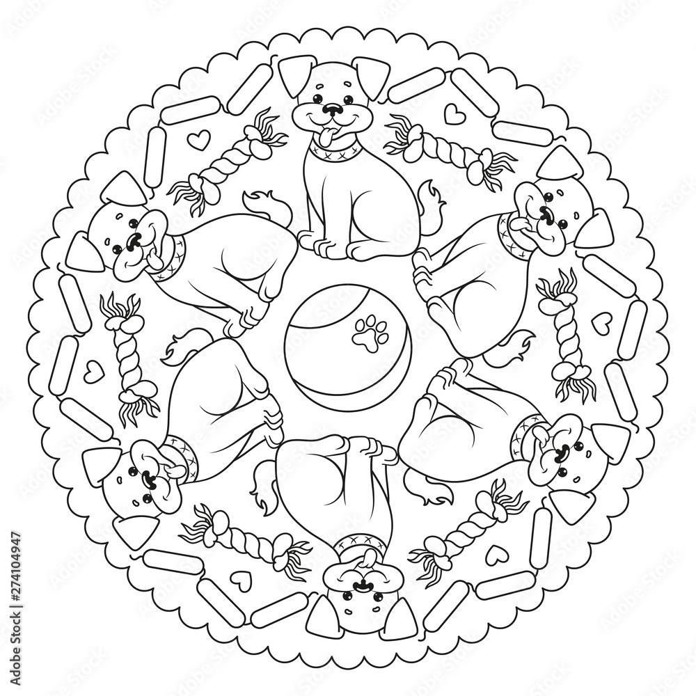 Coloring page mandala with a dog. Vector Illustration.
