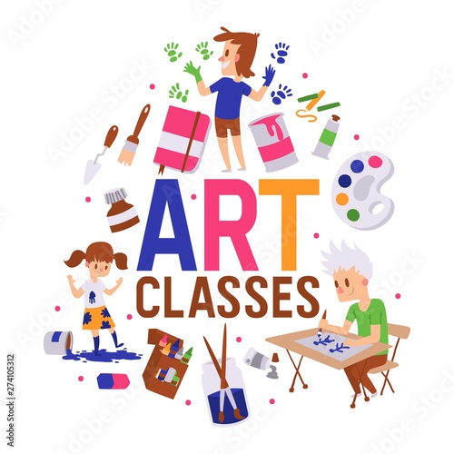Art classes banner vector illustration. Girl and boys drawing, painting, sketching on with equipment. Education, enjoyment concept. Pencils, watercolor, crayons. Creative people.