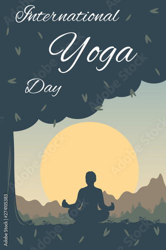 International Yoga Day vector card. Woman in a Lotus position in nature on background of the sunset landscape, forest, mountains and cloudless sky. Flat template for poster with free space for text.