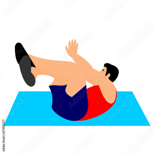 Young man of light skin doing exercises in the gym. Fit man doing exercises  for body warming or exercises for spine . Full of color flat vector illustration. 