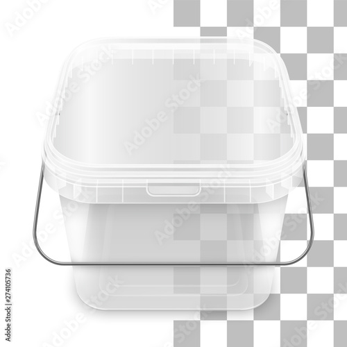 Vector transparent square empty plastic bucket with metallic handle. Top view.