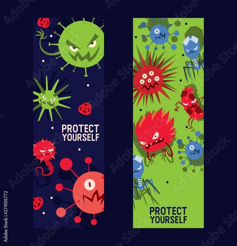Protect yourself set of banners vector illustration. Microbes or collection of cartoon viruses. Bad microorganisms for people. Different disgusting bacteria. Agressive monsters.