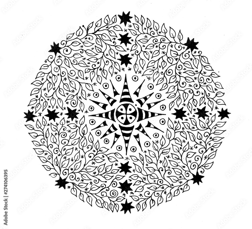 Fototapeta premium Mandala with Om / Aum / Оhm sign in the сenter. Sun and leaves pattern. Black and white graphic drawing. Mystical graphics.
