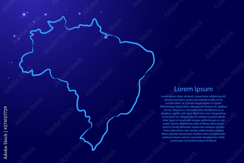 Brazil map from the contour blue brush lines and glowing stars on dark background. Vector illustration.
