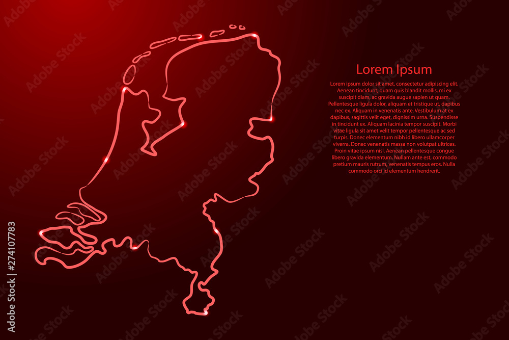 Netherlands map from the contour red brush lines and glowing stars on dark background. Vector illustration.