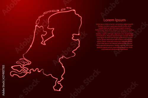 Netherlands map from the contour red brush lines and glowing stars on dark background. Vector illustration.