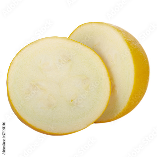 two slices of yellow zucchini isolated on white background