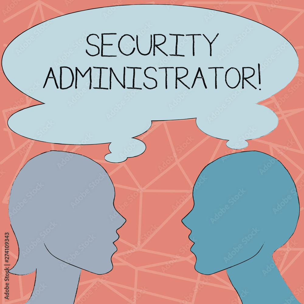 Conceptual hand writing showing Security Administrator. Concept meaning demonstrating who administers user access rights to systems Silhouette Sideview Profile of Man and Woman Thought Bubble