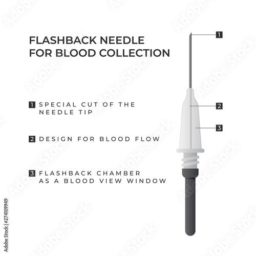 Flashback needle for blood collection infographic elements isolated on white background. Vacuum blood collection system. Vector medical illustration.