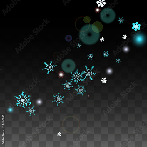 Christmas  Vector Background with Blue Falling Snowflakes Isolated on Transparent Background. Realistic Snow Sparkle Pattern. Snowfall Overlay Print. Winter Sky. Design for Party Invitation.