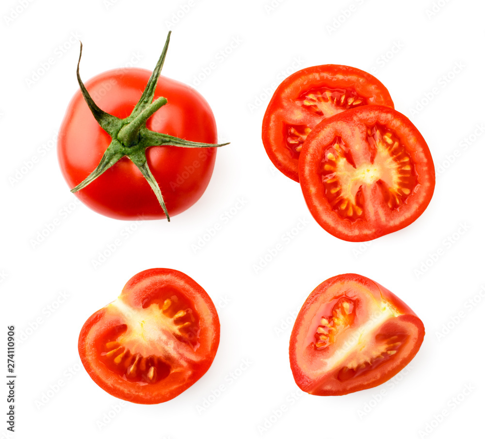 Set of red tomato, half and pieces on a white. The view of the top. Set of red tomato, half and pieces on a white. The view of the top.